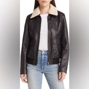 Treasure & Bond Leather Bomber Jack with Removable Faux Shearling Trim N…